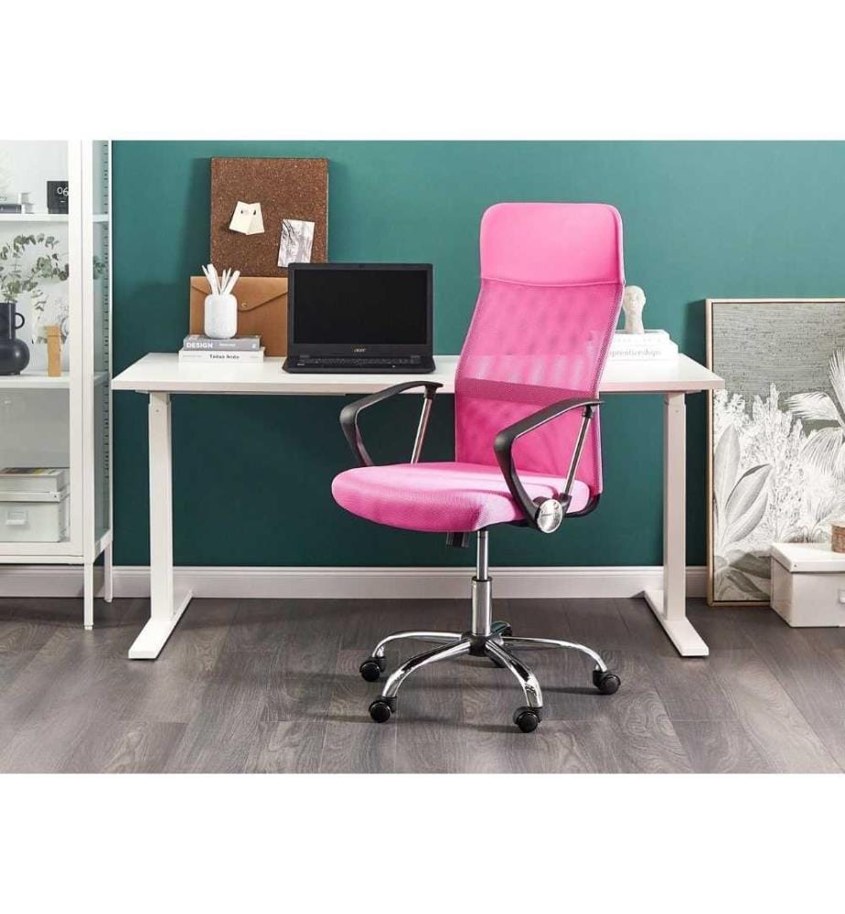 Chaise de Bureau Rose en Cuir Pu et Tissu Moderne Maillé Design Sportif Rotation à 360° Mécanisme d'Inclinaison Durable