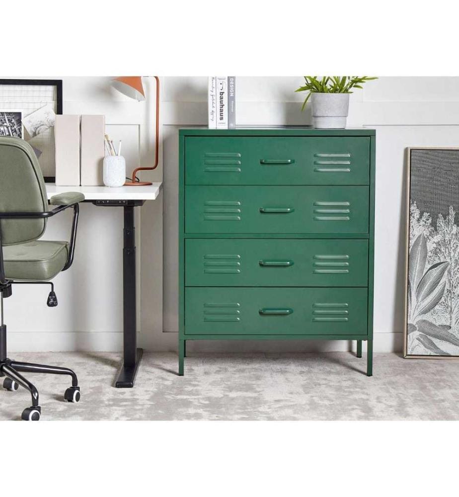 Commode haute Blanc Acier 40x80x102 cm avec 4 tiroirs Armoire polyvalente pour bureau Chambre à coucher Salon Chambre d'enfants Salle de bain