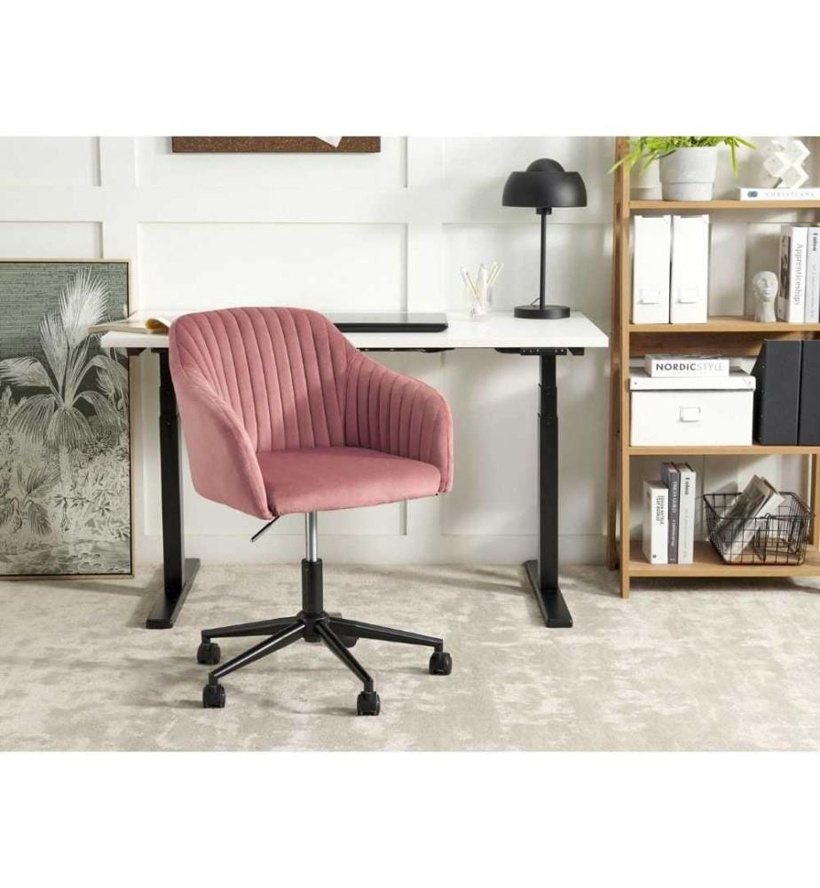Chaise à Roulettes en Velours Noir sur Pied Chromé Réglable avec Accoudoirs Tendance et Design Vintage et Glamour pour Coin Bureau