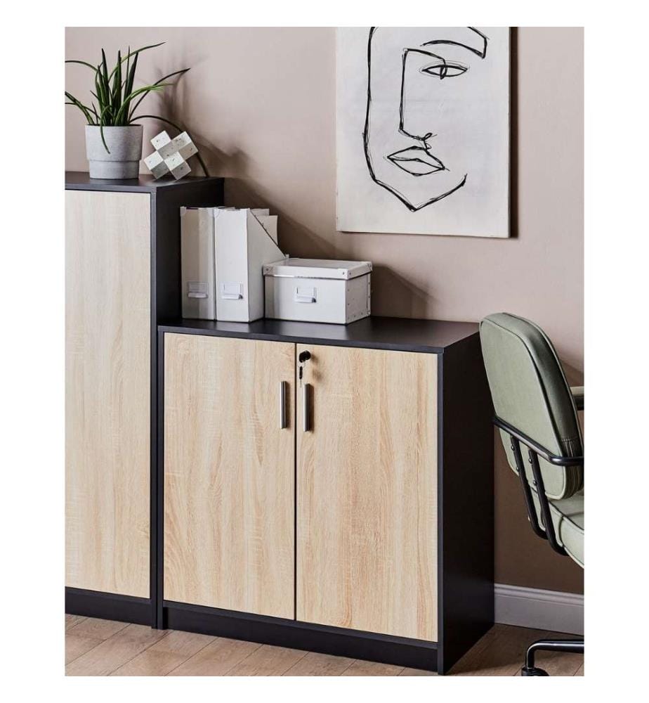 Armoire de bureau Bois clair / Noir 80 x 80 x 40 cm Verrouillable avec clé Armoire à dossiers pour salon Bureau Home Office