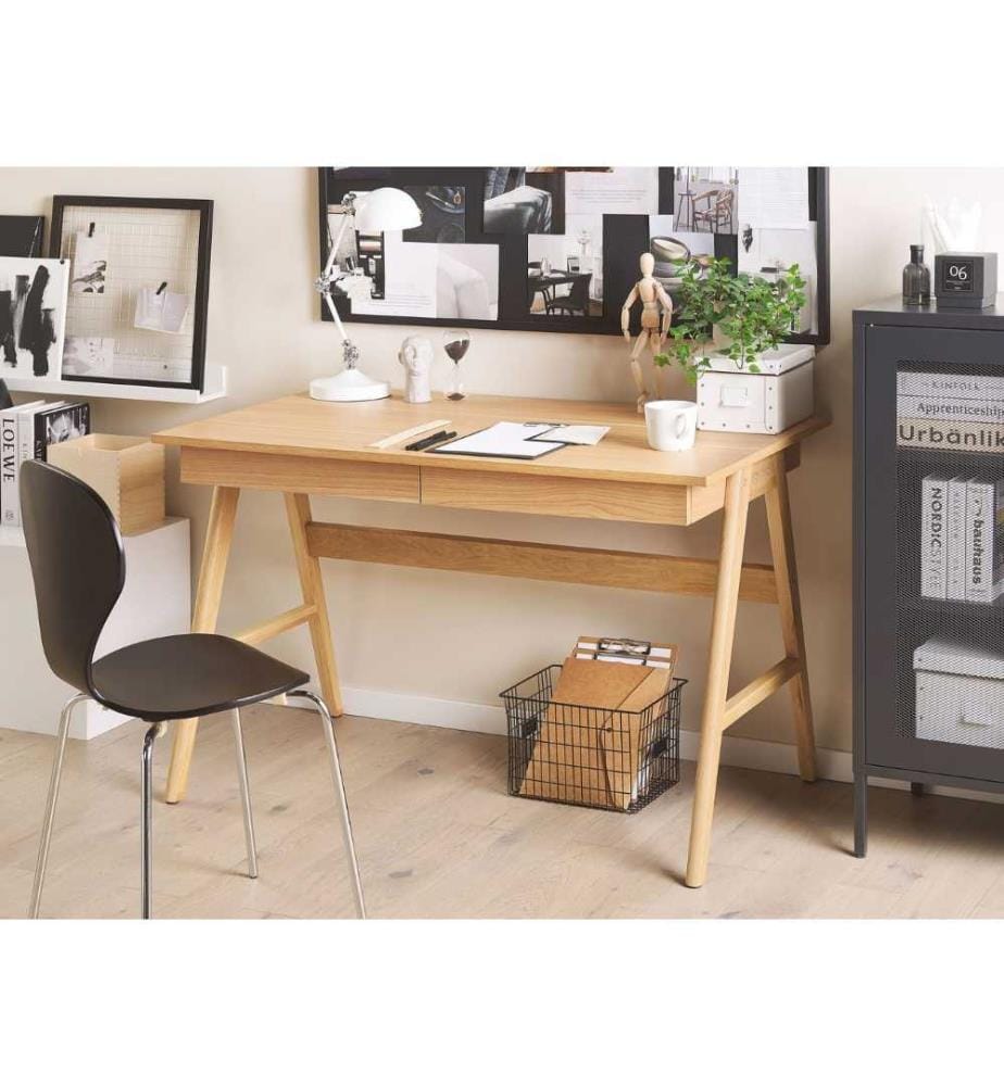 Bureau avec 2 Tiroirs 120 x 70 cm en Bois de Chêne et MDF de Couleur Bois Clair, Design Scandinave Moderne pour Tout Style Intérieur