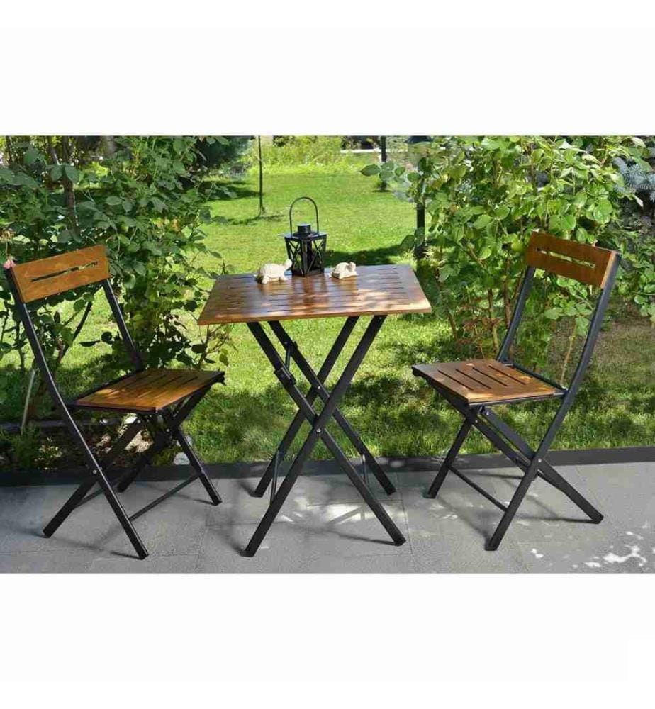 Ensemble table et chaises de jardin, 3 pièces, noyer noir, MDF, pieds en métal