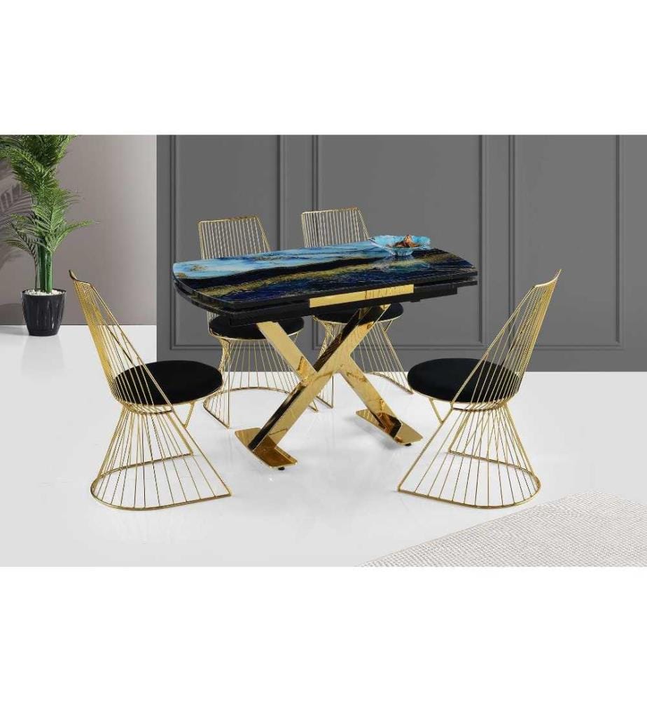 Table de salle à manger, Gold Black, panneau de particules mélaminé, surface en verre trempé