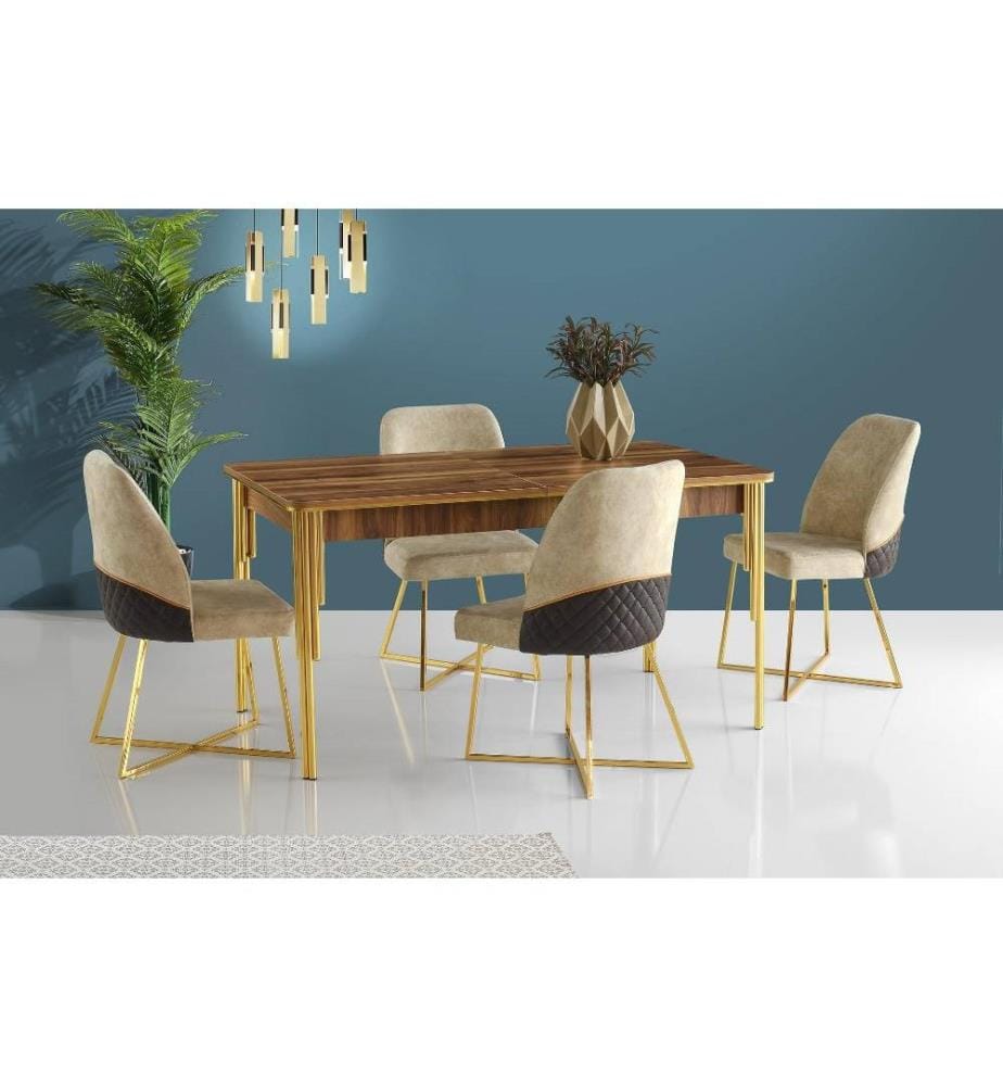 Table de salle à manger, Walnut Gold, panneau de particules mélaminé, pieds en métal