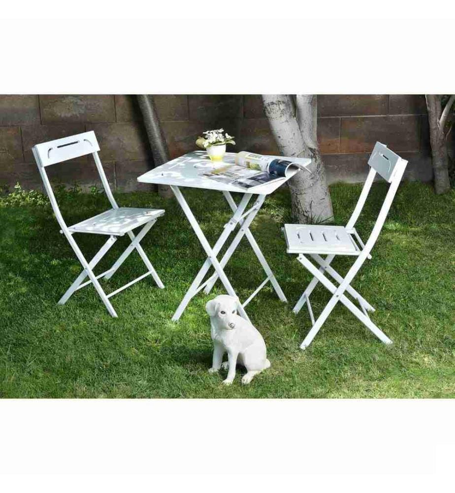 Ensemble table et chaises de jardin, 3 pièces, blanc, MDF, pieds en métal