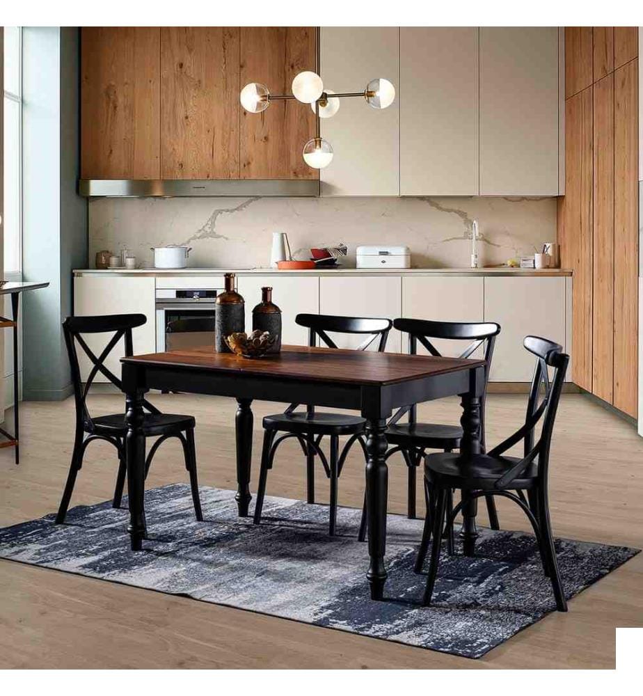 Ensemble table et chaises de salle à manger extensible, 5 pièces, noir, noyer, bois massif, chaises : Bois Thonet