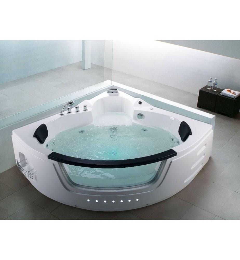 Bain à Remous Baignoire Balnéo d'Angle Moderne en Acrylique Blanc avec Hydromassage et Lumière LED et Surface Vitrée pour 2 Personnes