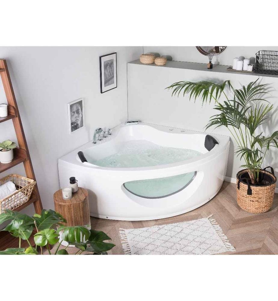 Baignoire Balnéo d'Angle 146 cm en Acrylique Blanc avec Hydromassage et LED Robinet Cascade et 2 Appui-têtes Capacité 373 Litres