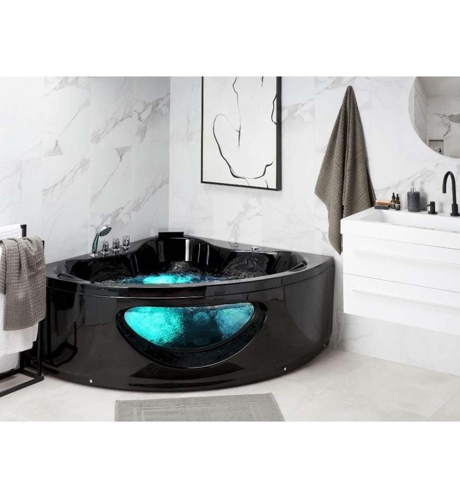 Baignoire Balnéo d'Angle 140 cm en Acrylique Noir avec Hydromassage et LED Robinet Cascade et 2 Appui-têtes Capacité 360 Litres