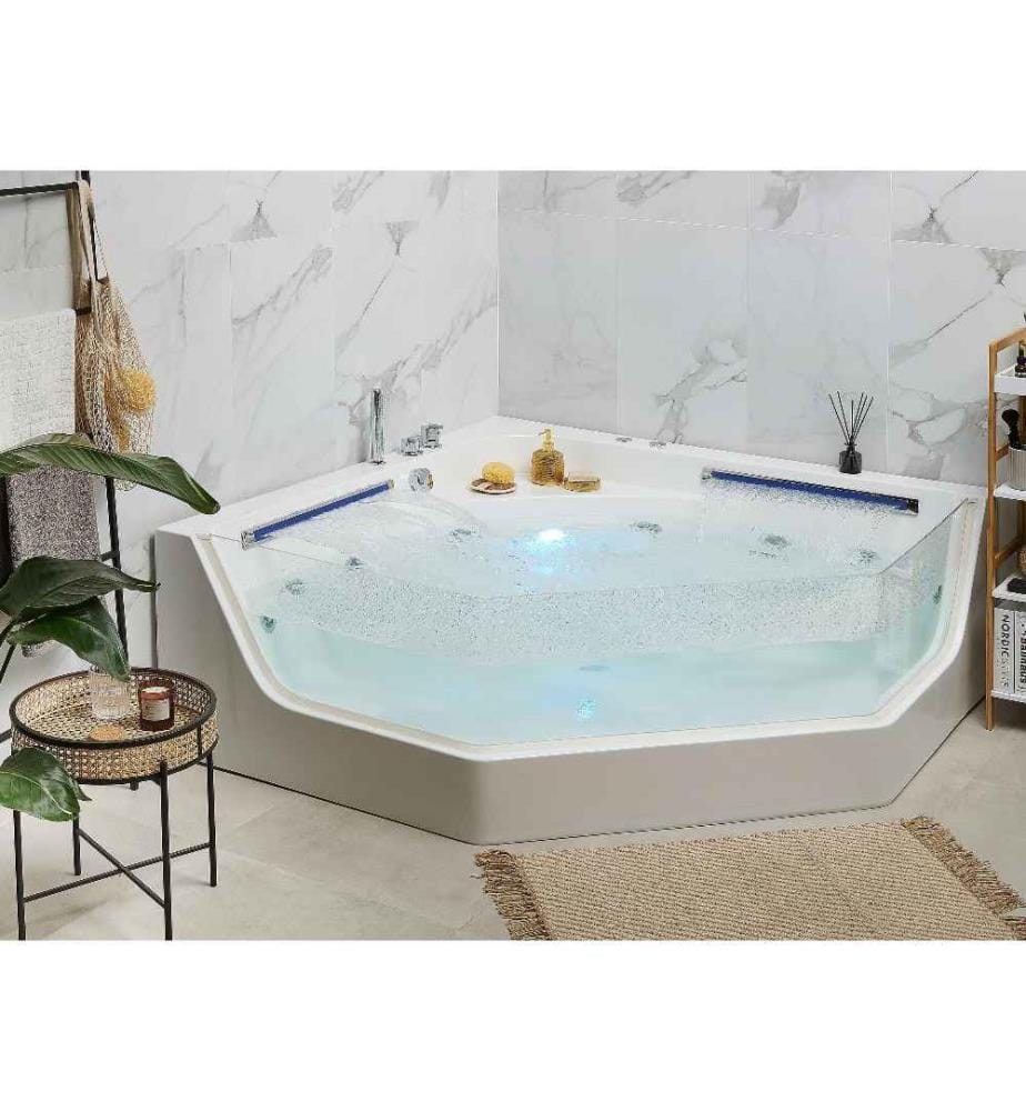 Baignoire Balnéo Angle à Gauche en Acrylique Blanc Très Design Avec Eclairage Led pour Salle de Bains Moderne et Minimaliste