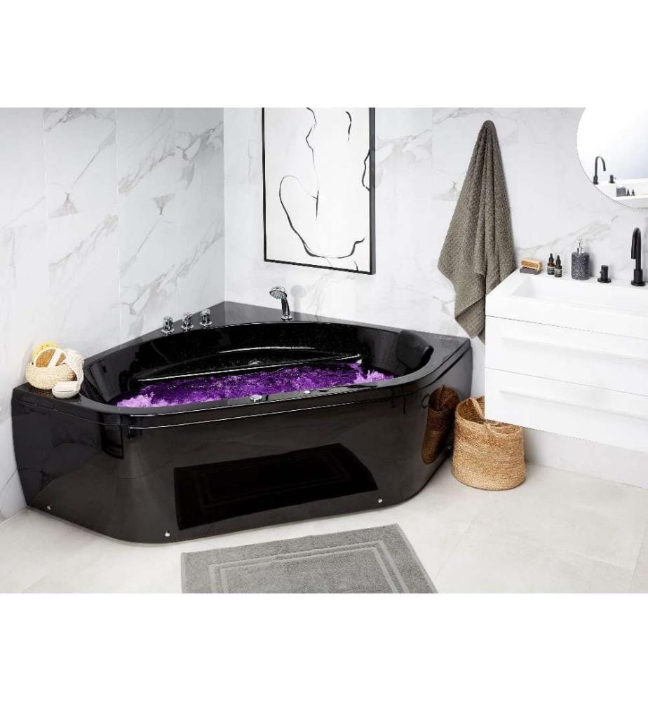 Baignoire Balnéo d'Angle Moderne en Acrylique Noir avec Fonction Massante Chromothérapie et Robinet Cascade pour 2 personnes 300 Litres