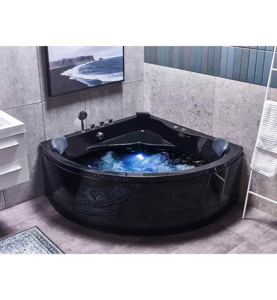 Bain à Remous Baignoire Balnéo d'Angle Noire en Acrylique 197x140x60 cm avec Hydromassage et Lumière LED pour 2 Personnes