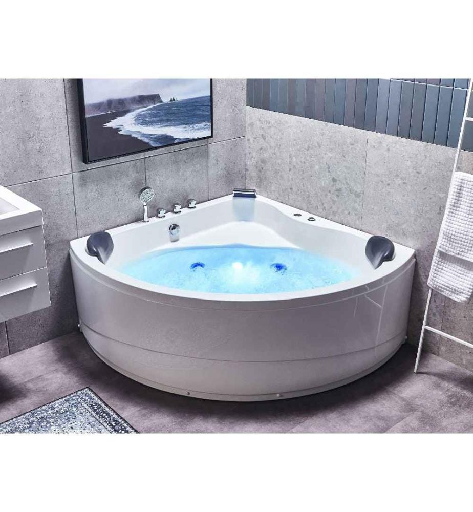Bain à Remous Baignoire Balnéo d'Angle Blanche en Acrylique 197x140x60 cm avec Hydromassage et Lumière LED pour 2 Personnes