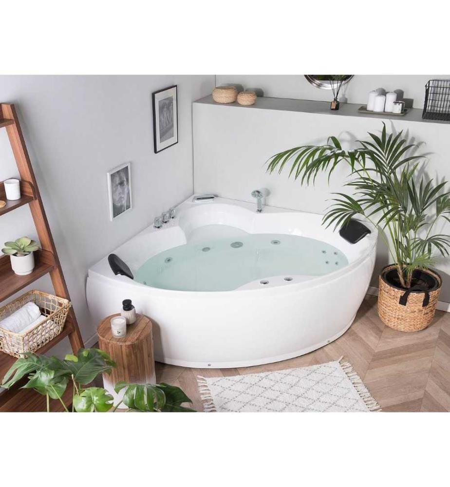 Baignoire Balnéo d'Angle Moderne en Acrylique Blanc avec Fonction Massante Chromothérapie Robinet Cascade pour 2 personnes