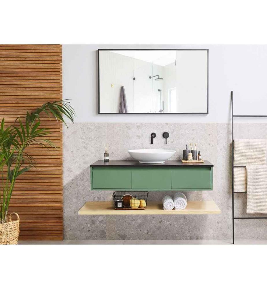 Meuble de salle de bain avec tiroirs et miroir En MDF Céramique et Verre Vert et Bois clair Déco Salle de Bain Élégante
