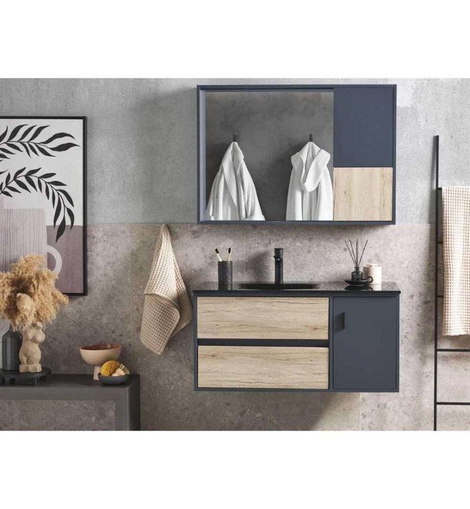 Meuble Vasque de Salle de Bain avec Tiroirs et Miroir et Cabinet en Céramique 100 cm Bois Clair et Gris Pour Salle de Bain Moderne et Design