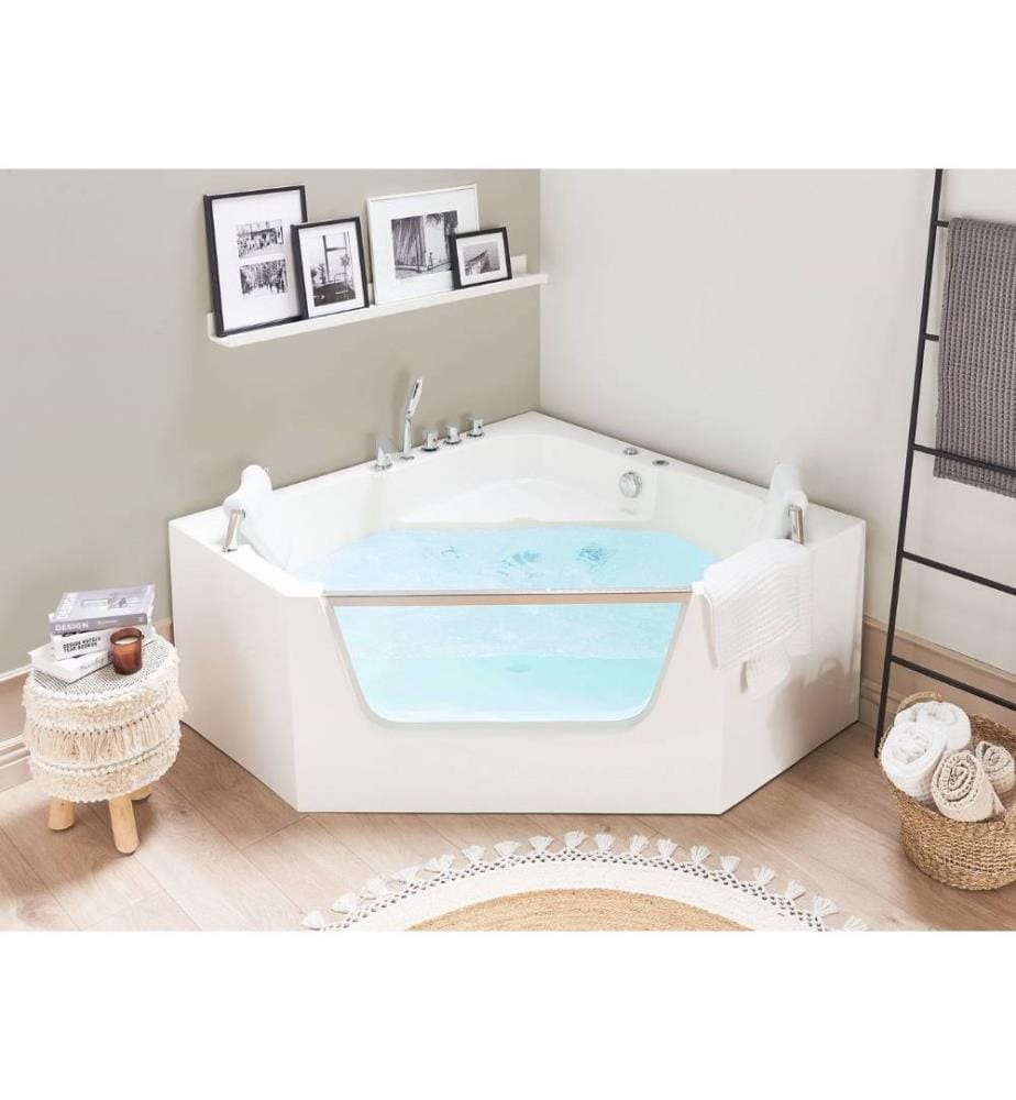 Baignoire d'Angle Blanc en Acrylique avec Fonction Jets d'Hydromassage 135 x 135 cm avec Appuis-tête Design Classique