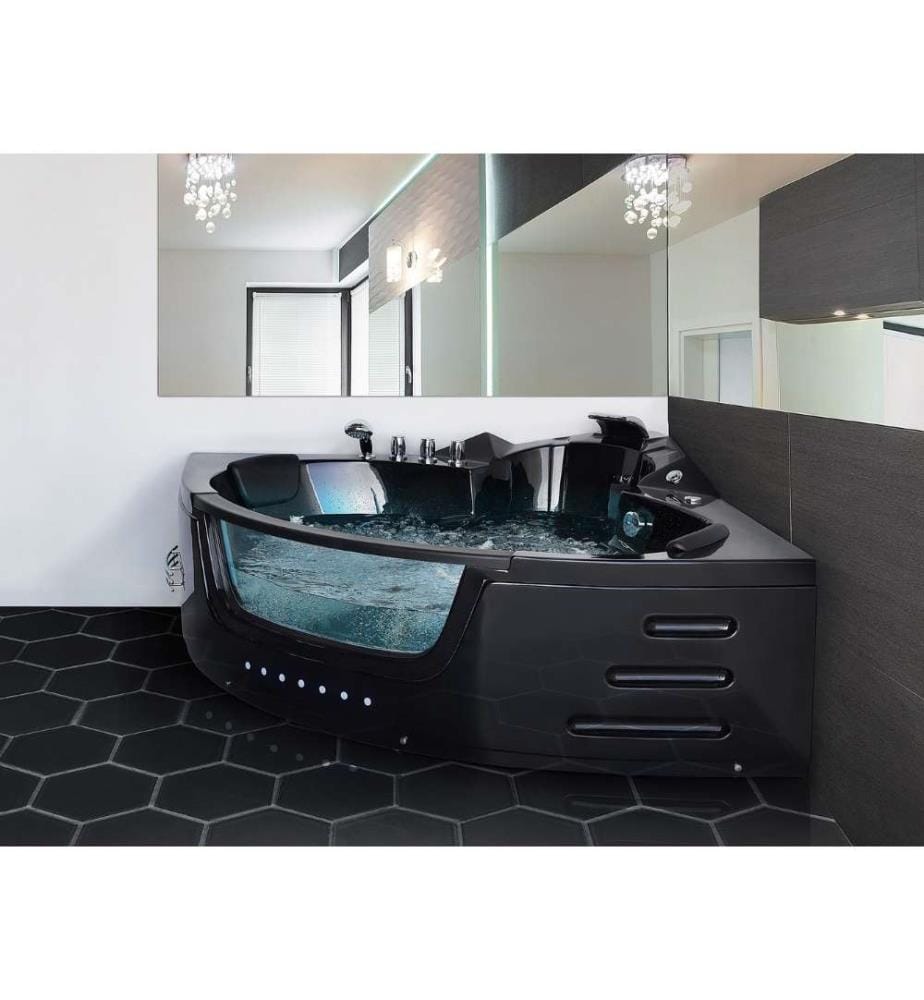 Bain à Remous Baignoire Balnéo d'Angle Moderne en Acrylique Noir avec Hydromassage et Lumière LED et Surface Vitrée pour 2 Personnes