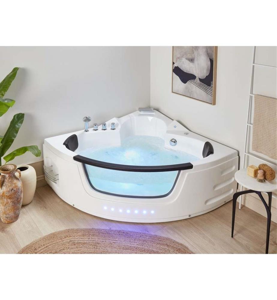 Bain à Remous Baignoire Balnéo d'Angle Moderne en Acrylique Blanc 144 cm avec Hydromassage et Lumière LED et Surface Vitrée pour 2 Personnes
