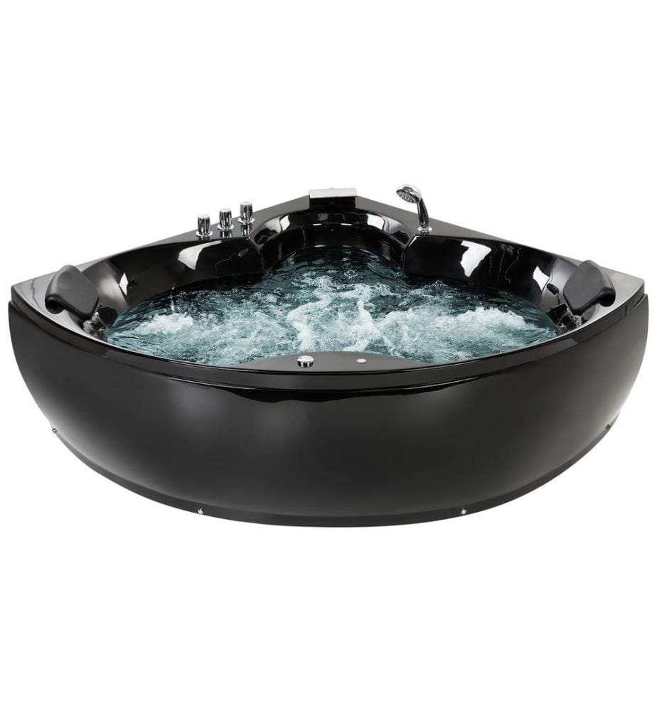 Baignoire Balnéo d'Angle Moderne en Acrylique Noir avec Fonction Massante Chromothérapie Robinet Cascade pour 2 personnes