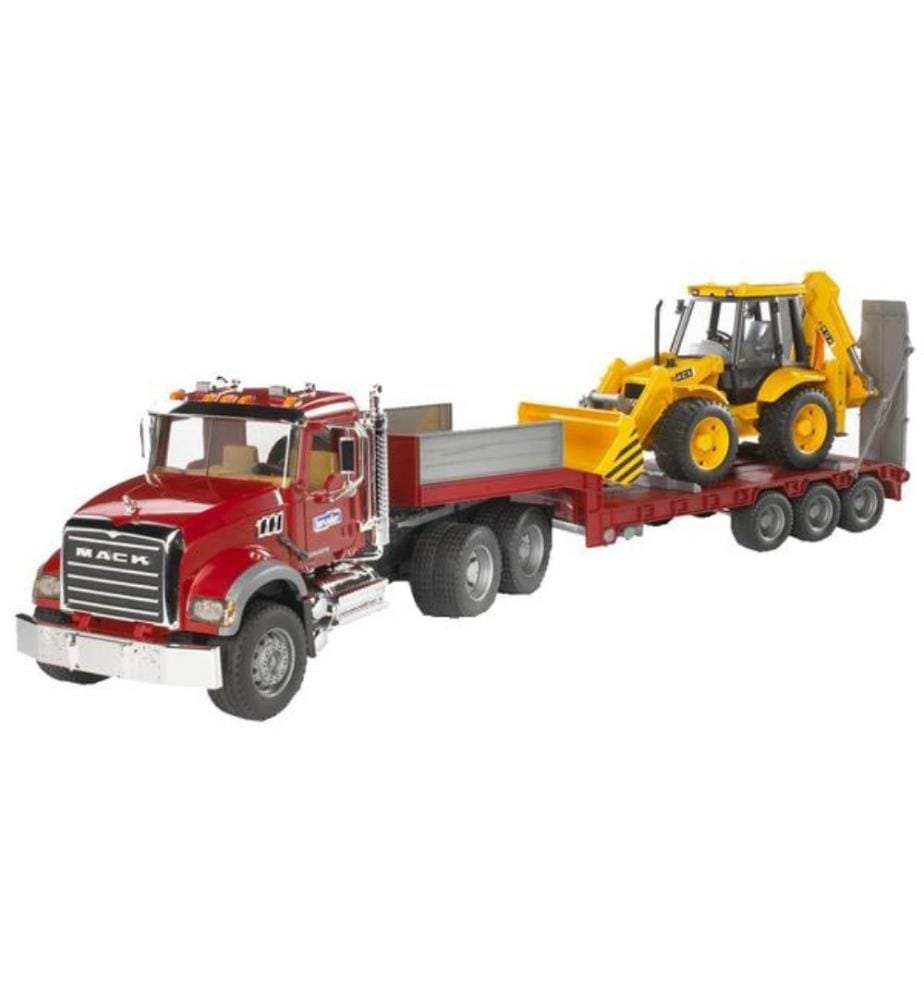 BRUDER - Remorque surbaissée MACK Granite et JCB 4CX, et excavatrice JCB, Série Profi, 93.5x18.5x26.5cm
