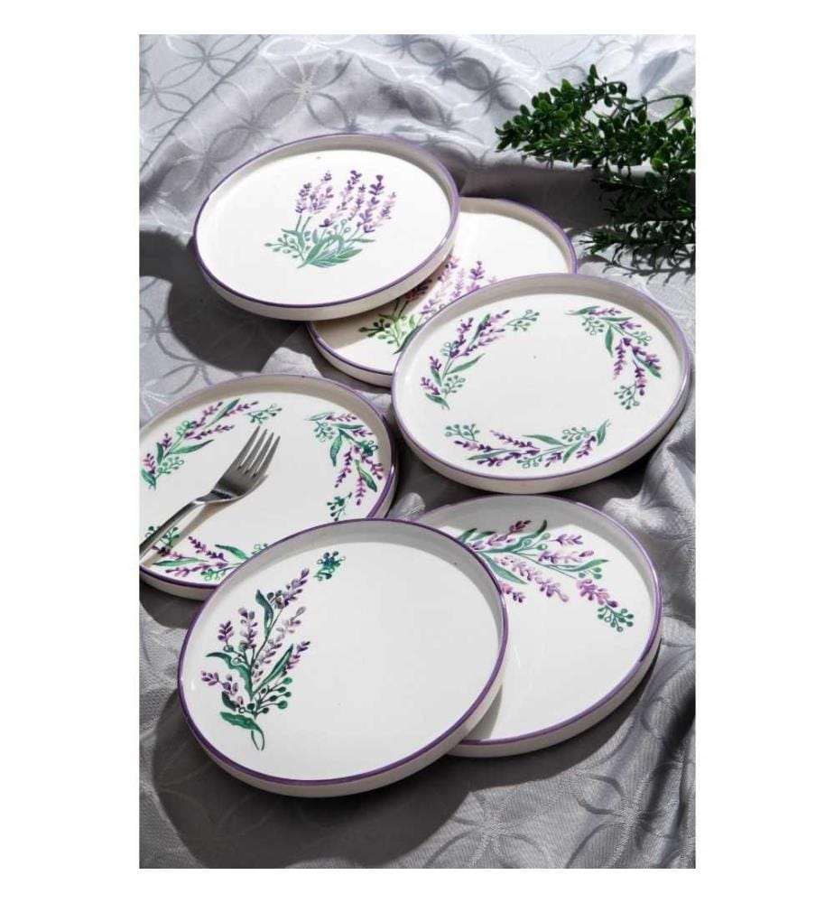 Set d'assiettes à dessert, 6 pièces, violet, vert, blanc, céramique, fait main