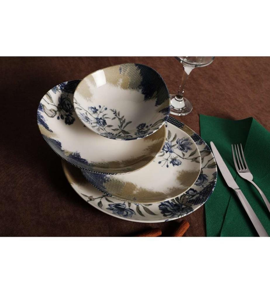 Service de table, 24 pièces, bleu blanc marron, porcelaine