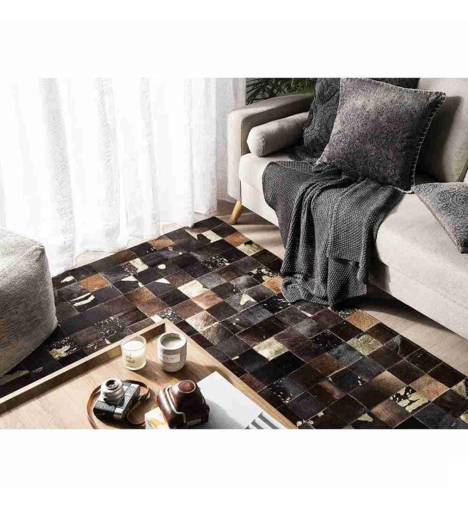 Tapis Rectangulaire Noir Marron et Beige en Cuir Patchwork pour Intérieur Moderne 80 x 150 cm