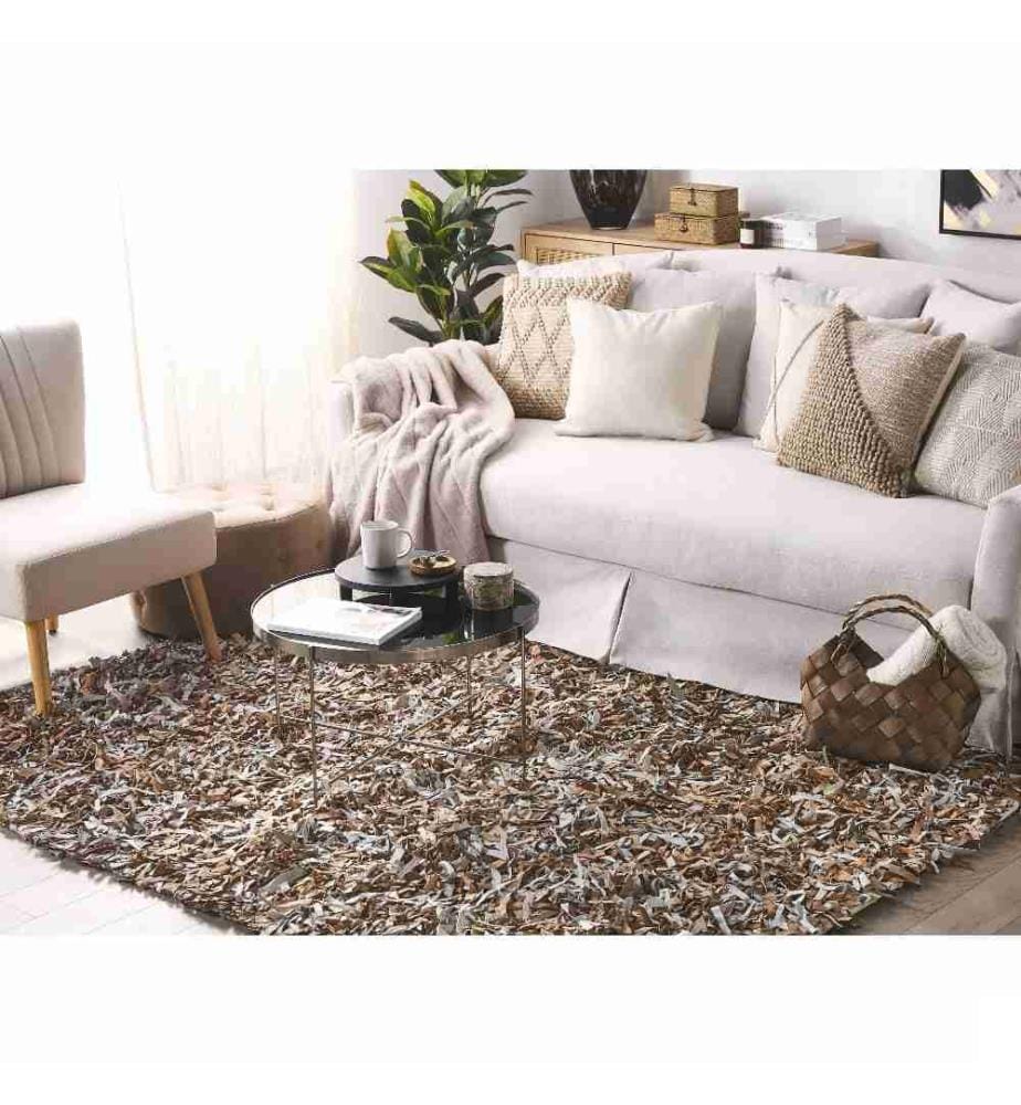 Tapis Shaggy Marron et Gris en Cuir Poil Long pour Intérieur Moderne 140 x 200 cm