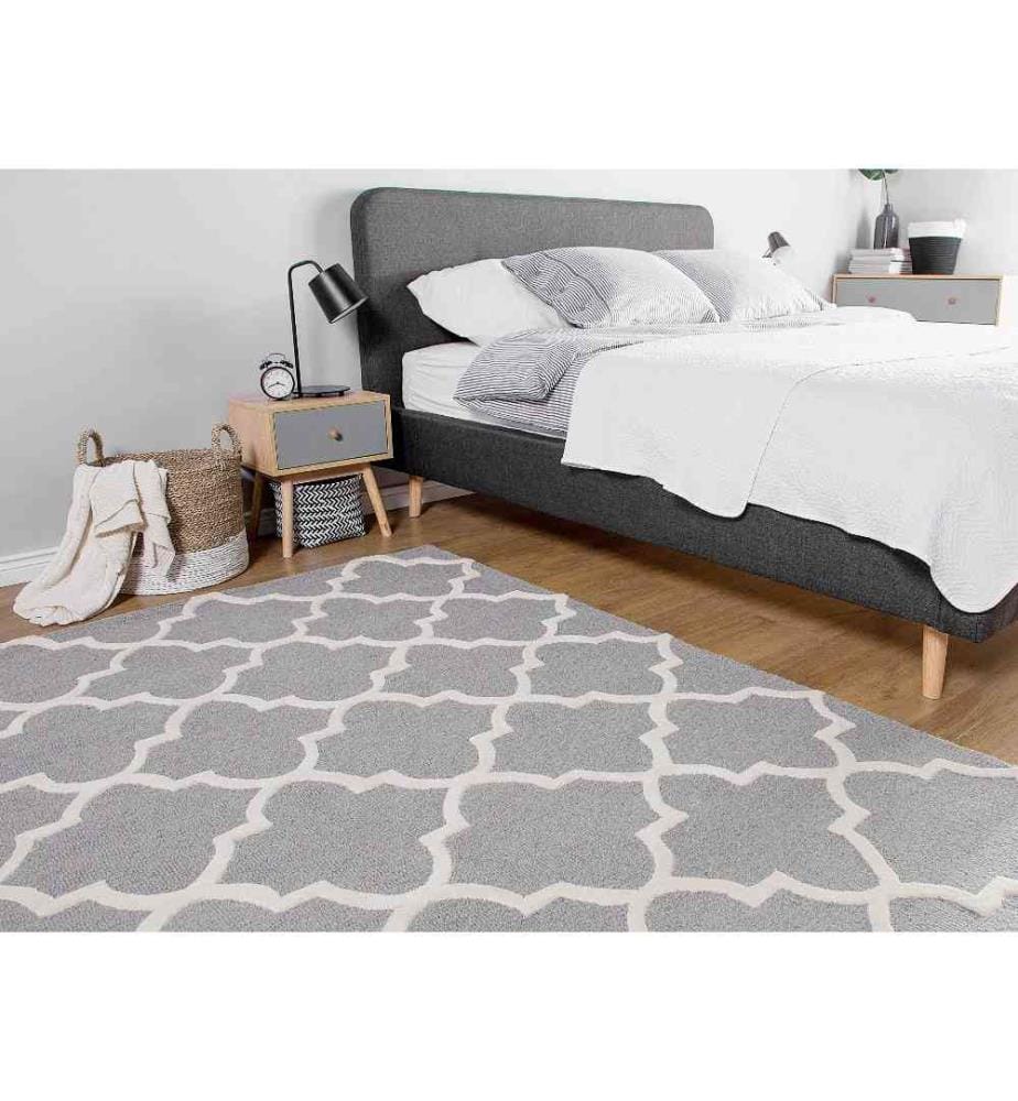 Tapis Rectangulaire Gris et Blanc en Laine et Coton pour Chambre ou Salon Moderne 140 x 200 cm