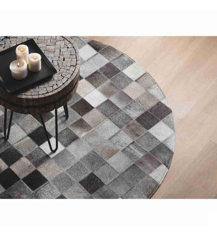 Tapis Rond Gris en Cuir Patchwork pour Intérieur su Style Rustique et Boho 140 cm