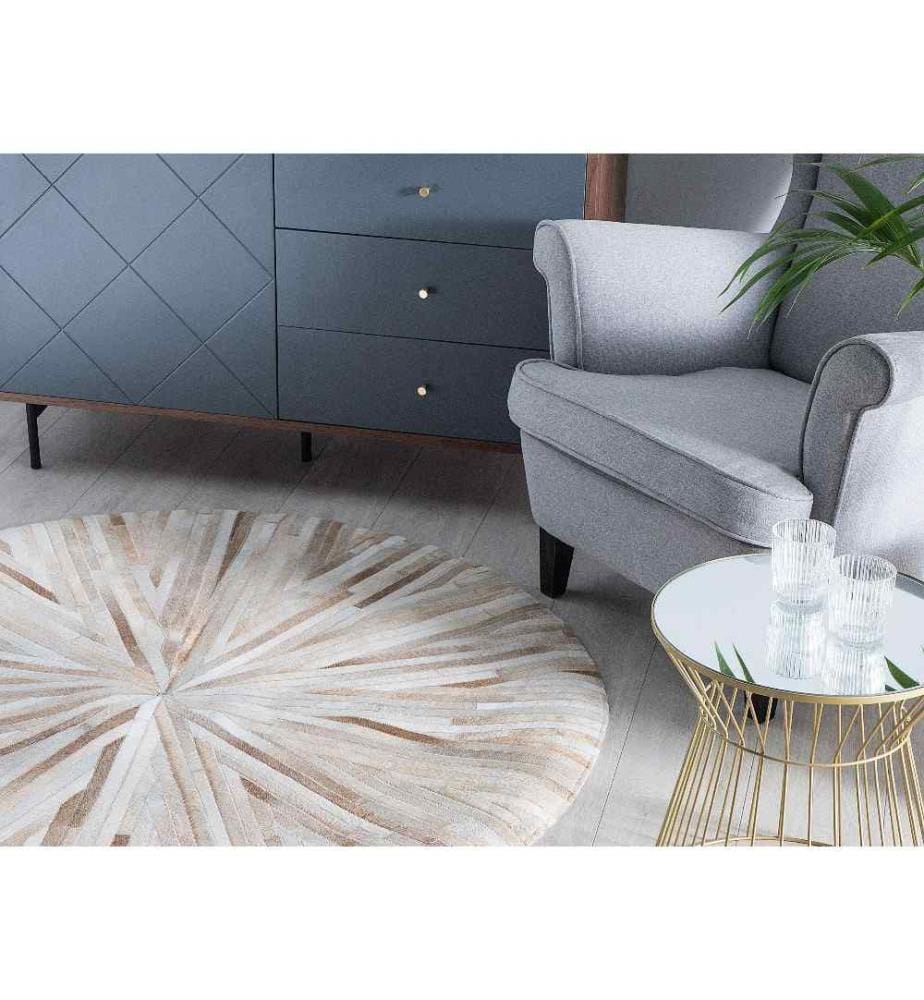 Tapis Rond Beige en Cuir Patchwork Motif à Rayures pour Intérieur Moderne 140 cm