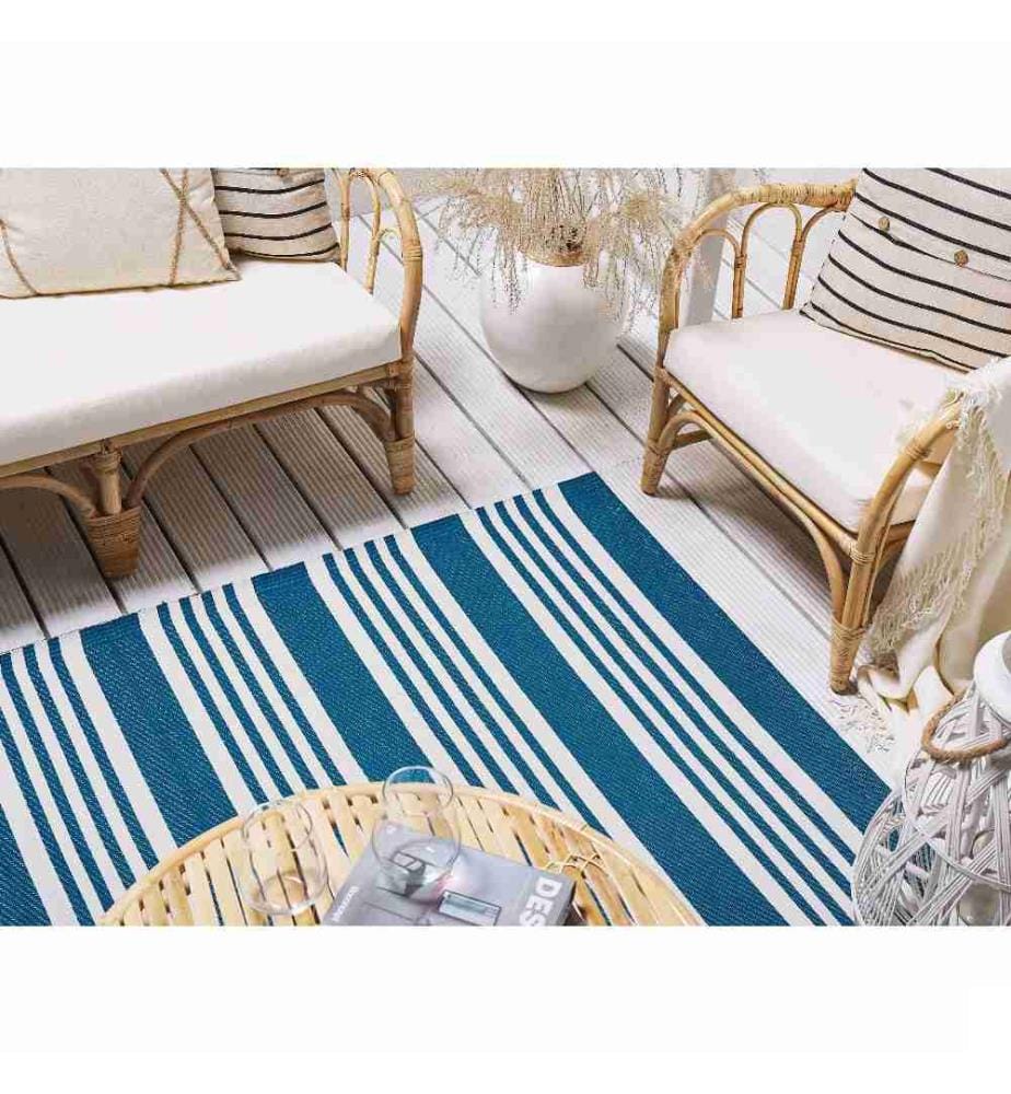 Tapis d'Extérieur Bleu Gris et Noir en Polypropylène Motif à Rayures pour Terrasse au Style Moderne 120 x 180 cm