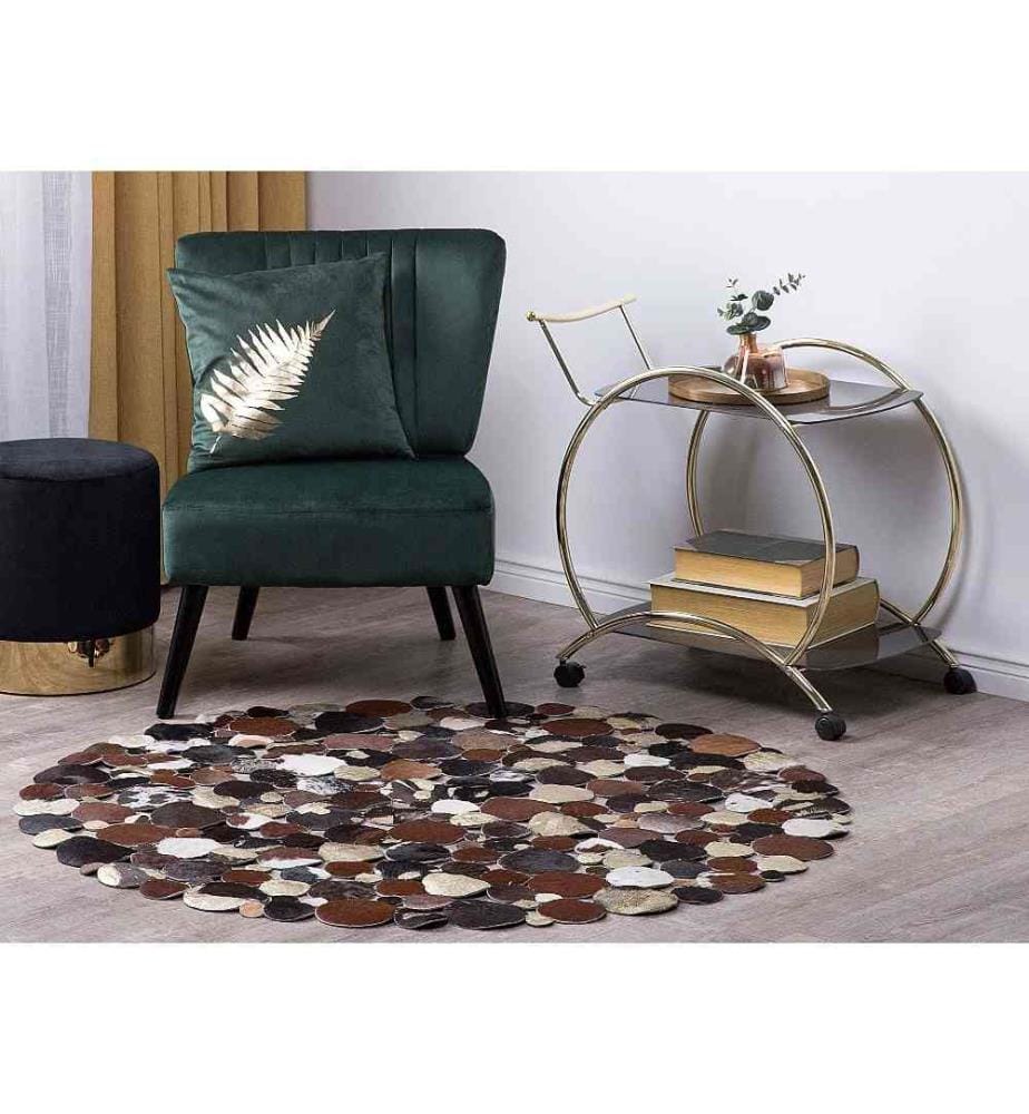 Tapis Rond Marron et Doré en Cuir Patchwork Original pour Intérieur Moderne 140 cm