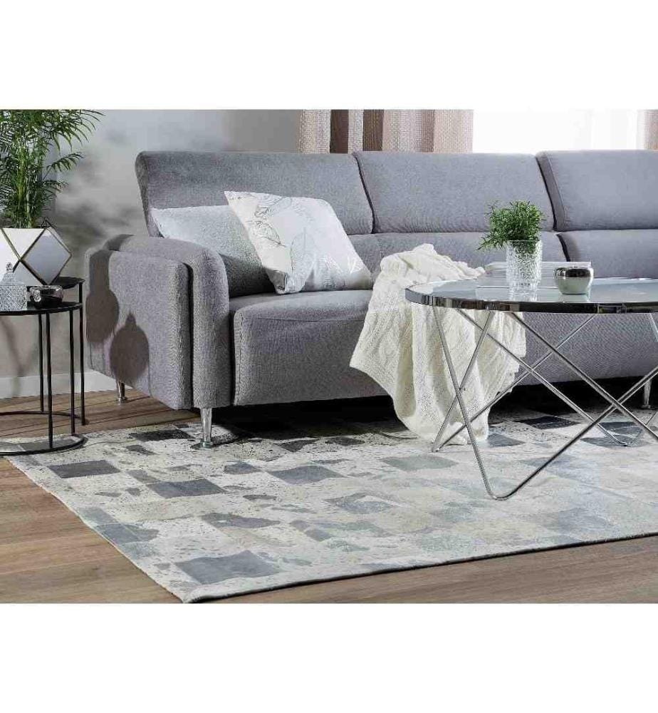 Tapis Rectangulaire Argenté et Beige en Cuir Patchwork Quadrillé pour Intérieur Moderne 140 x 200 cm Belian