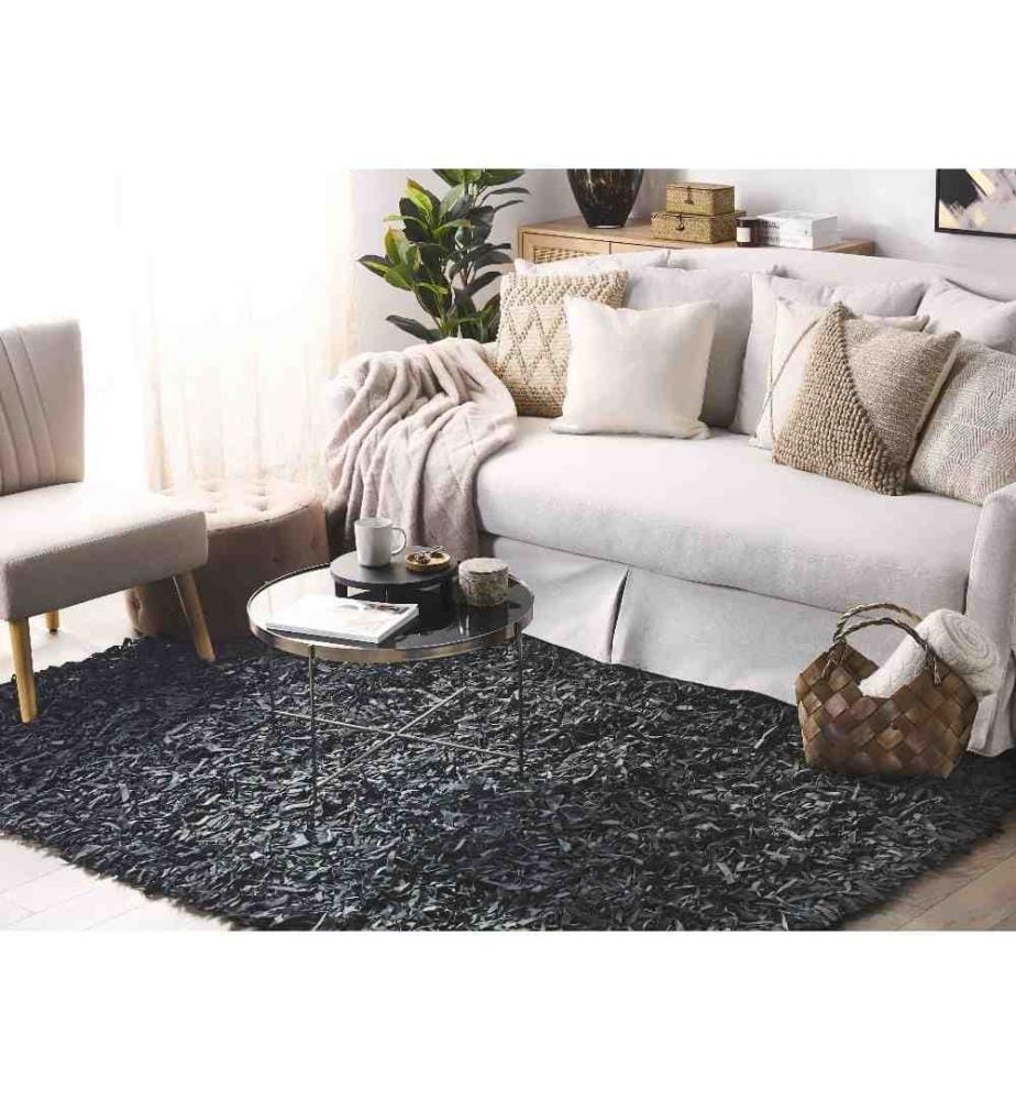 Tapis Shaggy Noir en Cuir Poil Long pour Intérieur Moderne 140 x 200 cm