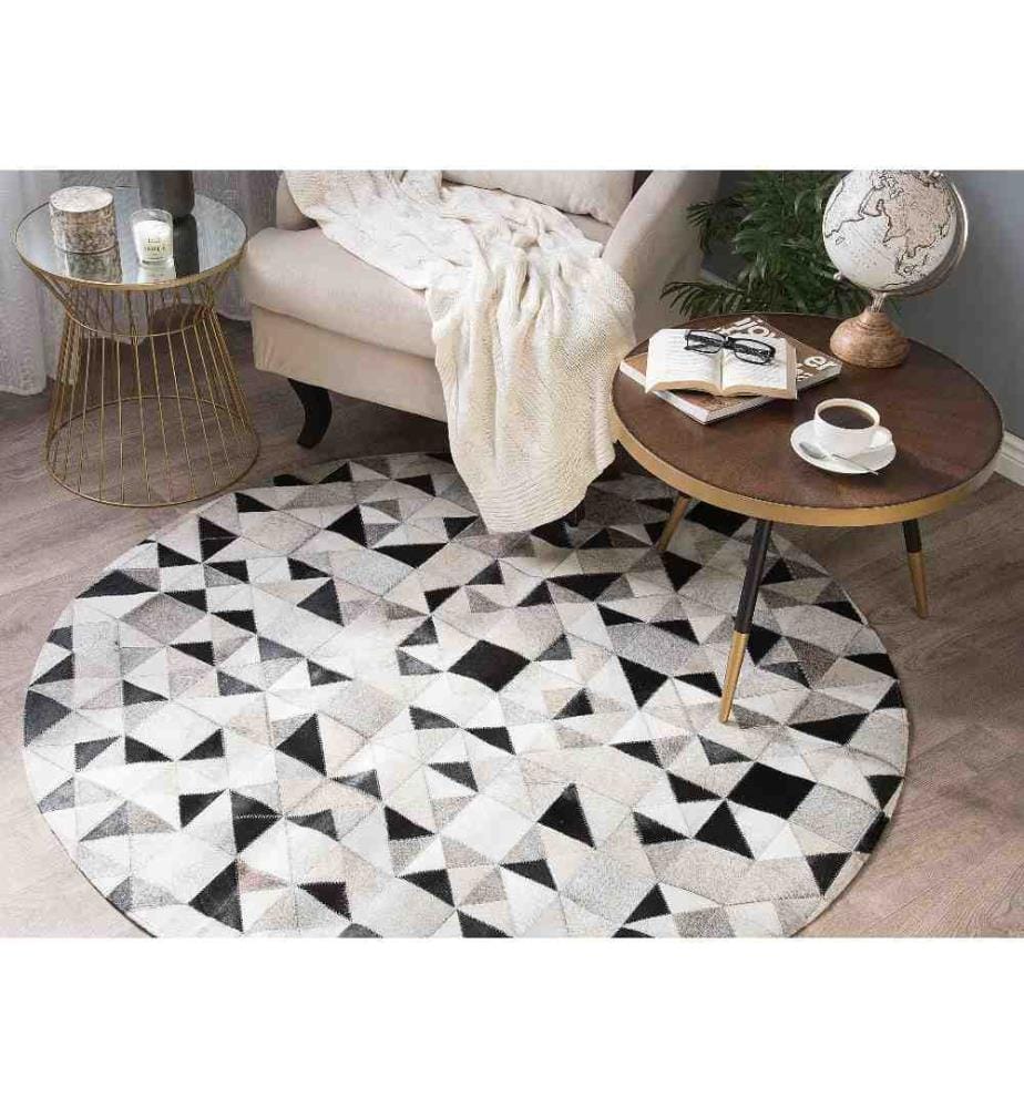 Tapis Rond Gris et Noir en Cuir Patchwork pour Intérieur au Style Moderne 140 cm