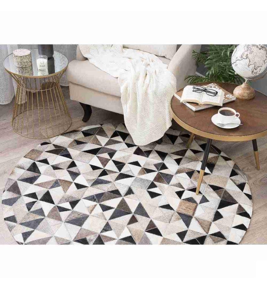 Tapis Rond Gris et Beige en Cuir Patchwork pour Intérieur au Style Moderne 140 cm