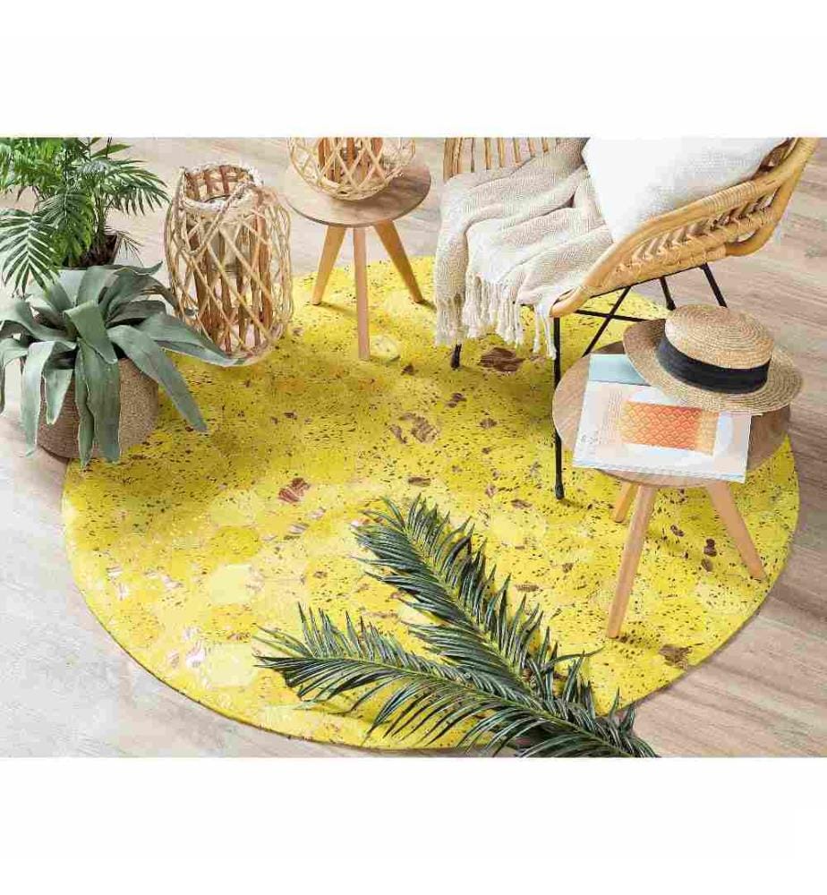Tapis Rond Jaune en Cuir Motif Nid d'Abeilles pour Intérieur Moderne 140 cm