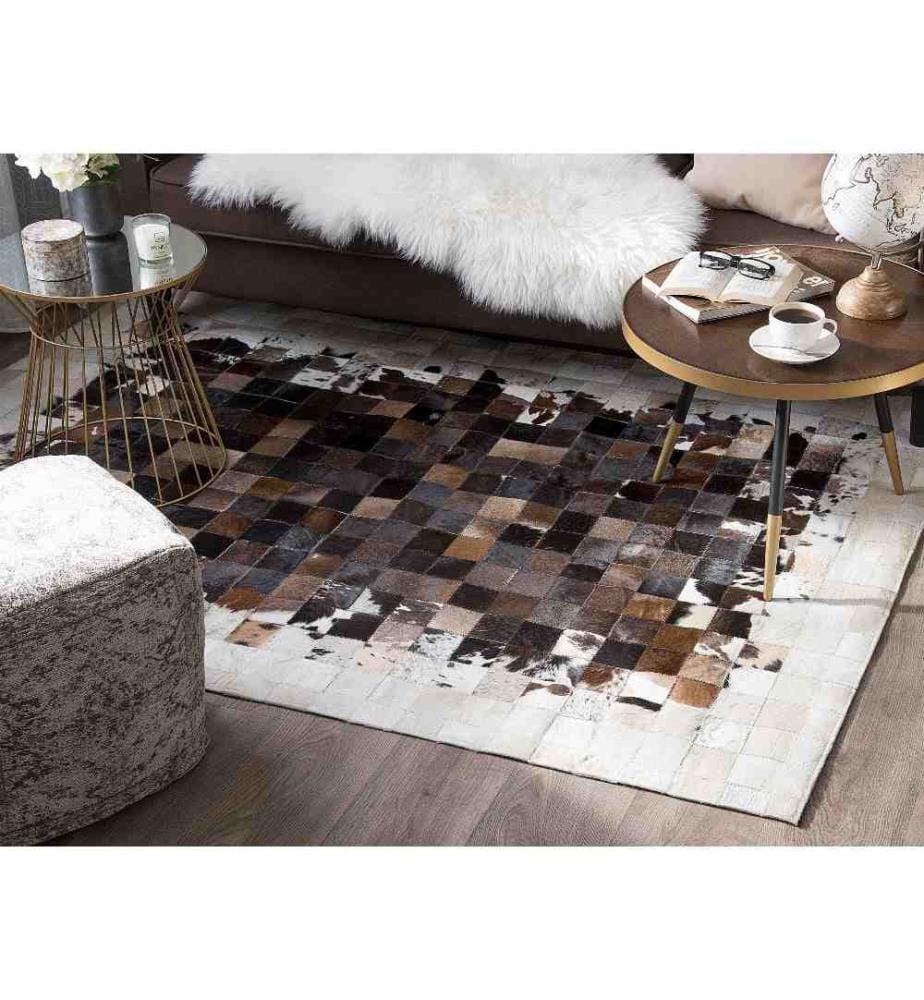Tapis Rectangulaire Marron et Beige en Cuir Patchwork pour Intérieur au Style Moderne 140 x 200 cm
