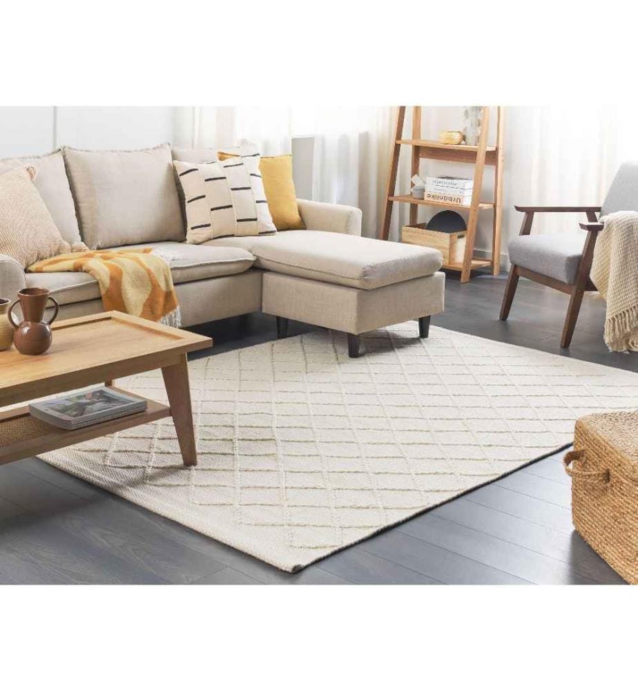 Tapis Rectangulaire Blanc en Laine et Coton pour Chambre ou Salon au Style Scandinave 140 x 200 cm