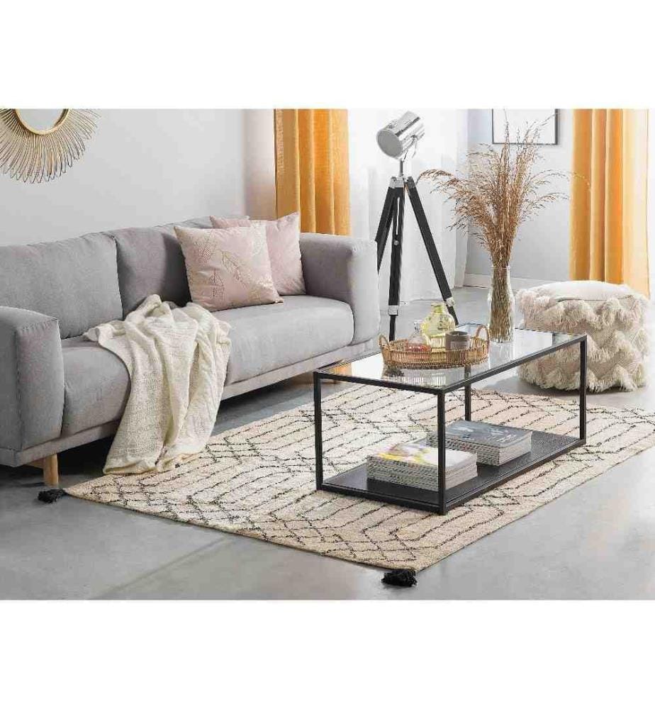 Tapis Rectangulaire Beige et Noir en Coton pour Chambre ou Salon au Style Bohème 140 x 200 cm