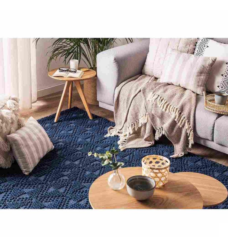 Tapis Rectangulaire Bleu Foncé en Laine et Coton pour Chambre ou Salon Scandinave 140 x 200 cm