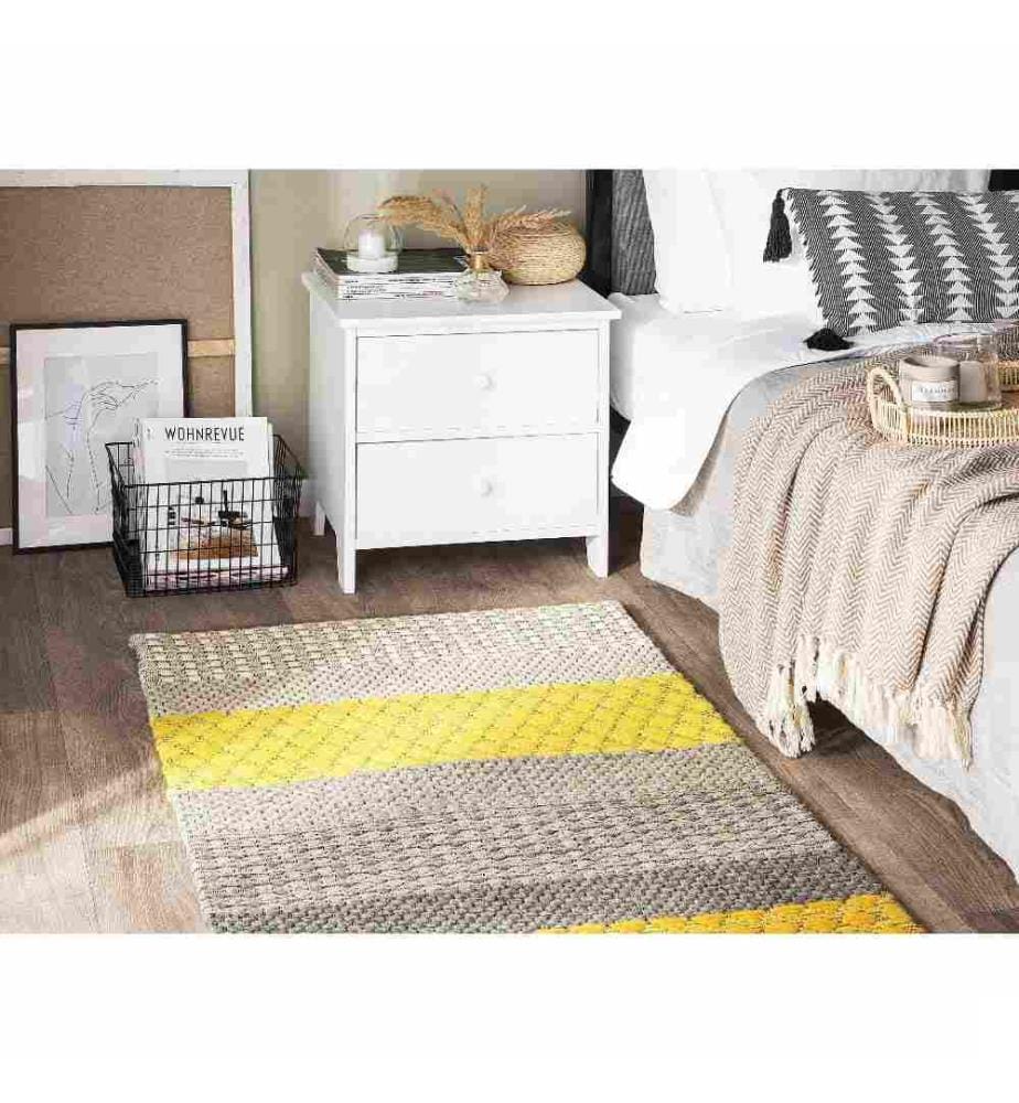 Tapis à Rayures Jaune Gris et Noir 80 x 150 cm en Laine pour Salon ou Chambre Bohème
