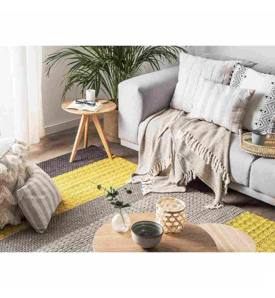 Tapis à Rayures Jaune Gris et Noir 140 x 200 cm en Laine pour Salon ou Chambre Bohème