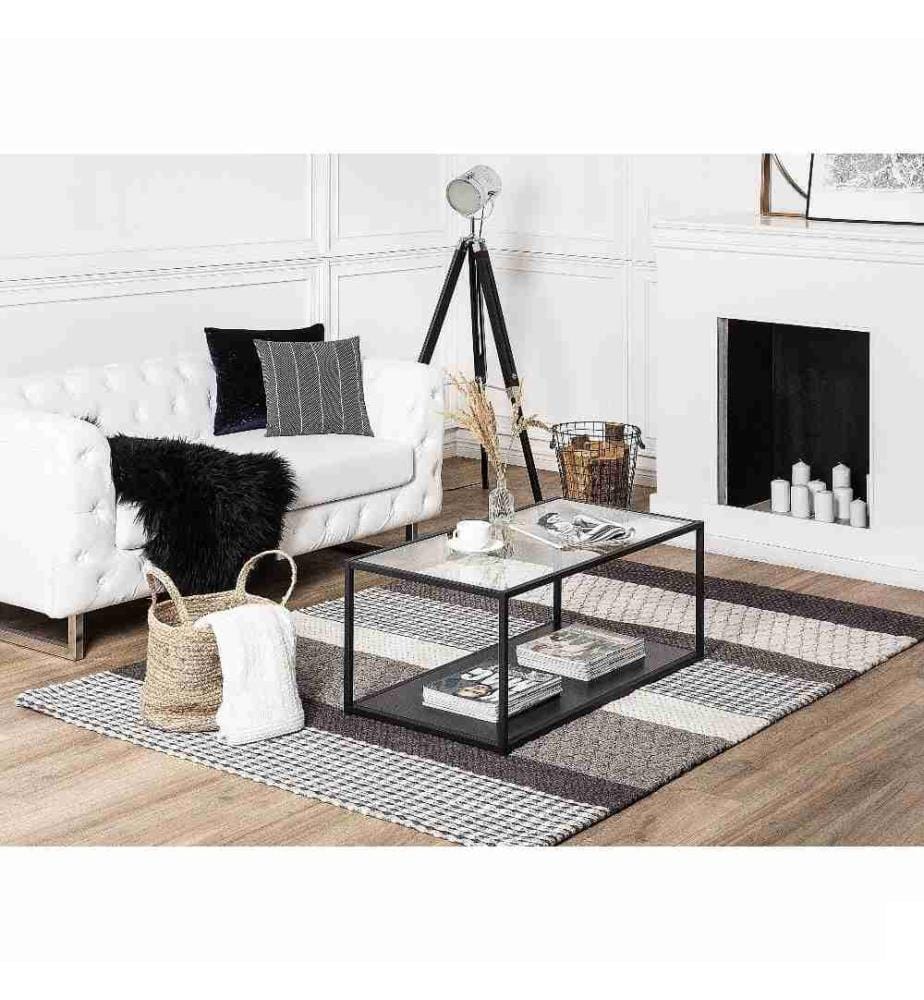 Tapis Rectangulaire Gris et Blanc en Laine à Rayures pour Chambre ou Salon Boho 140 x 200 cm