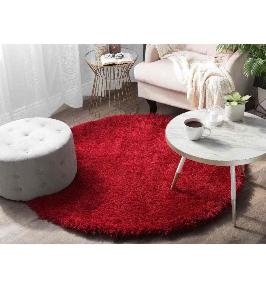 Tapis Rond Poil Long Rouge en Polyester et Coton pour Chambre ou Salon au Style Scandinave 140 cm