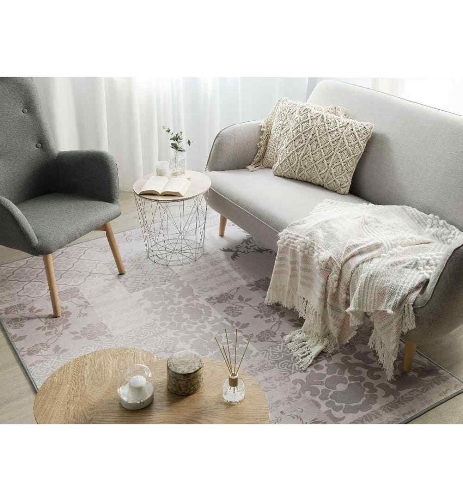 Tapis Rectangulaire Gris et Beige en Polyester à Motif Patchwork pour Chambre ou Salon Vintage Rétro 160 x 230 cm