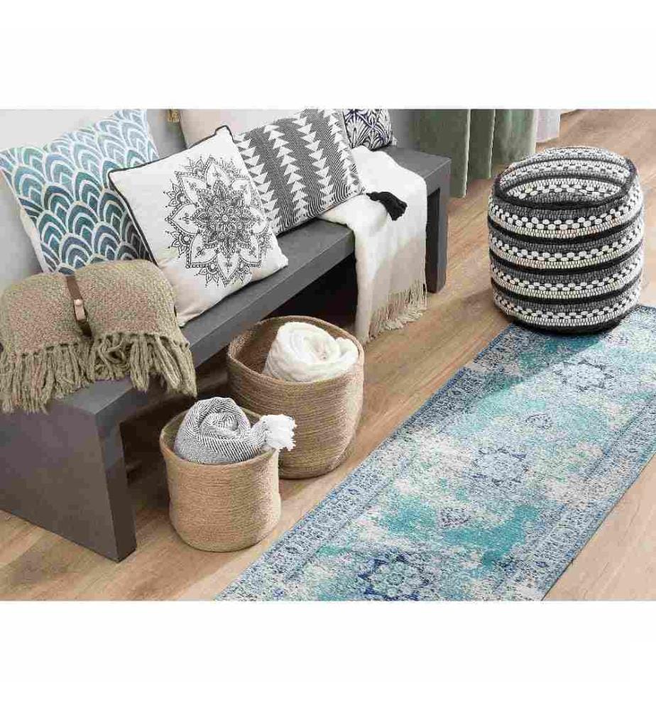 Tapis Bleu en Coton 60 x 180 cm pour Couloir ou Salon Vintage Rétro