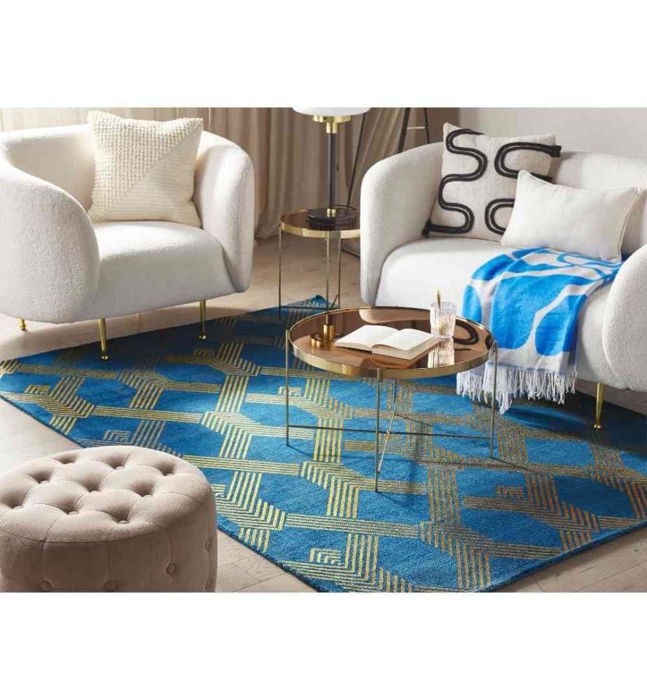 Tapis de Salon Fait à la Main au Motif Géométrique en Viscose Bleue et Dorée Ultra Doux pour Salon ou Chambre Glamour et Moderne 160 x 230 cm